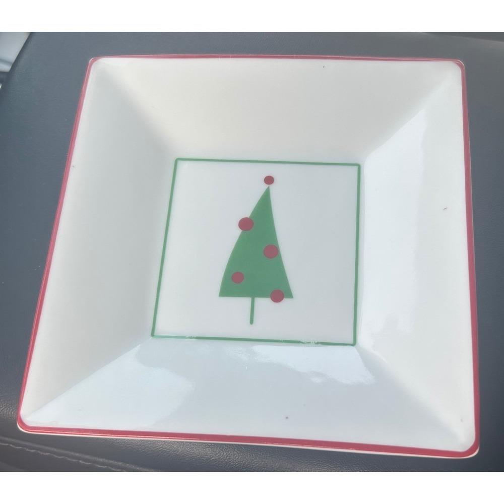 Crate & Barrel Christmas Tree Square Appetizer Plates Set of 4 White Green Red